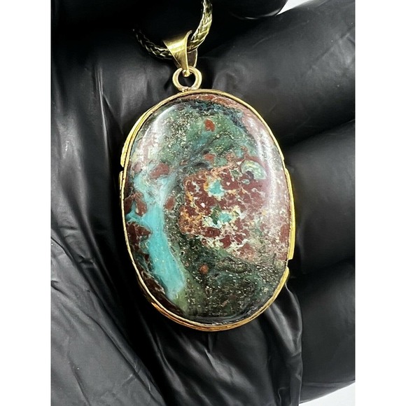 Natural Turquoise Pendant Metal Brass Handmade With Rope - Picture 1 of 11